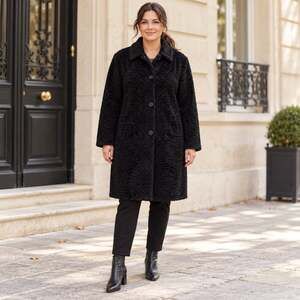 Valerie Stevens Faux Fur Coat XL Black Textured Button Front Lined Longline